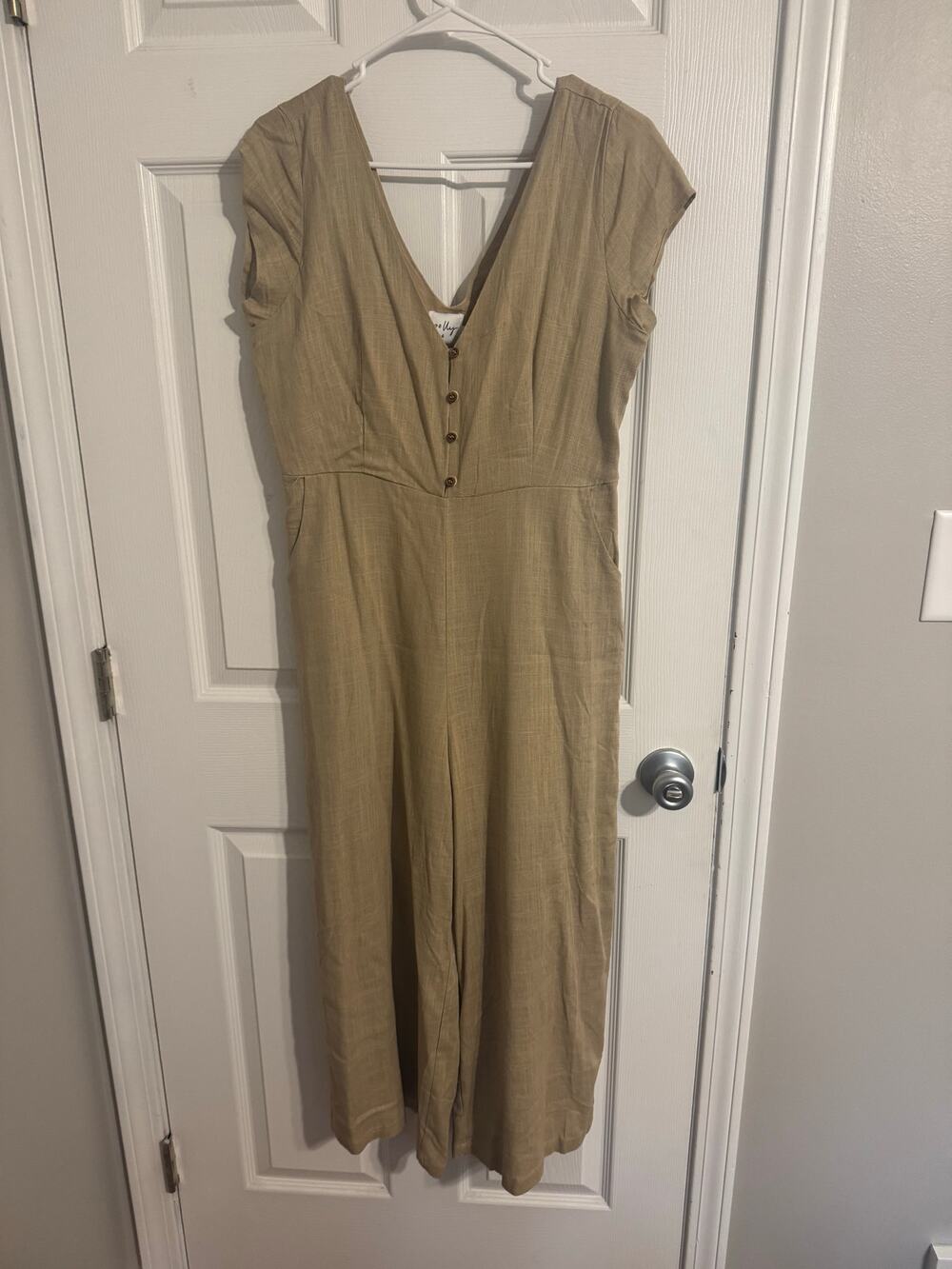 Polly Linen Tan Boho Minimalist Jumpsuit Button Front Wide Leg Sz: 14